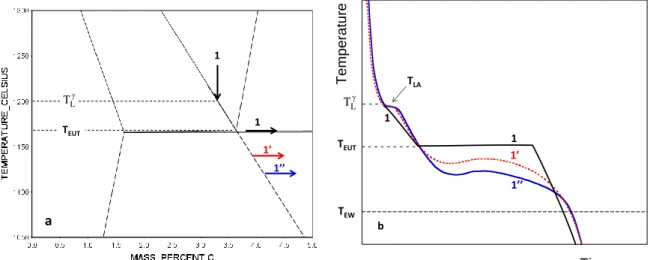 Figure III-5: (a) solidification path of an hypo-eutectic alloy in the related Fe-C isopleth section;  