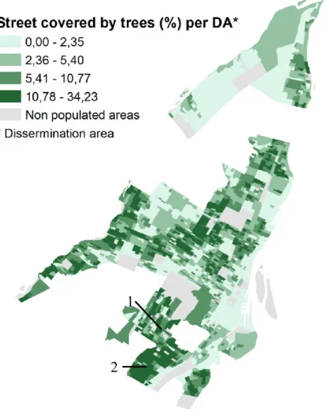 Figure 2. Percentage of streets covered by trees, in the former City of Montréal (aggregated by 