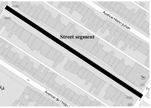 Figure 3. Example of street segment (in black) and setback (arrow) on a map   (Source: Open Street Map) 
