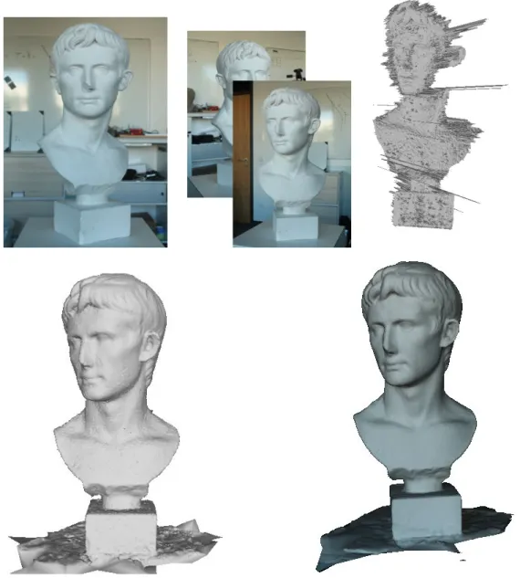 Figure 1.7 – Reconstruction 3D par MVS d’une scène peu texturée. En haut, de gauche à droite : image de référence, deux images témoins (parmi 49), et fonction de profondeur correspondant à l’image de référence, obtenue avec la suite logicielle AliceVision 