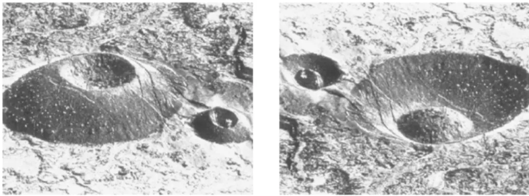 Figure 2.2 – À gauche : photographie de deux monticules de cendres des îles Hawaii. À droite : après retournement de la photographie, les monticules sont « devenus » des cratères