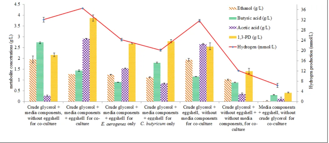 Fig. 1. Hydrogen (mmol/L) and end-metabolite concentration (g/L) for comparative study across mono- and co-culture system at 17.5 g/L of CG  with eggshell x 5  at 0.25% (w/v) concentration.