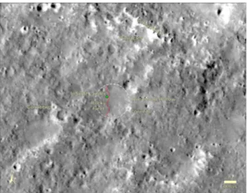 Fig. 5 HiRISE image of Homestead hollow. Image shows the location of the InSight lander (green dot) in Homestead hollow (white dashed circle) and surface features identi ﬁed from the ground