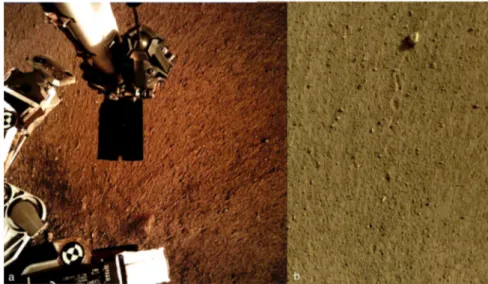 Fig. 8 Images of shallow subsurface structure. a Image shows pits under the lander with spacecraft strut, retrorockets, excavated pits (~10 cm deep, ~50 cm across), dark gray, very ﬁne-grained rocks (basalt) and duricrust