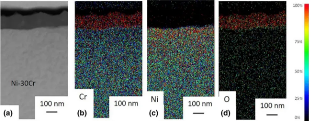 Fig. 7    TEM cross sections associated with EDS maps of the 50 h oxidized sample at 700 °C in impure  Ar (pO 2  = 10 −5  atm) a high annular dark-field image of the analysed area, and EDS mappings: b for 