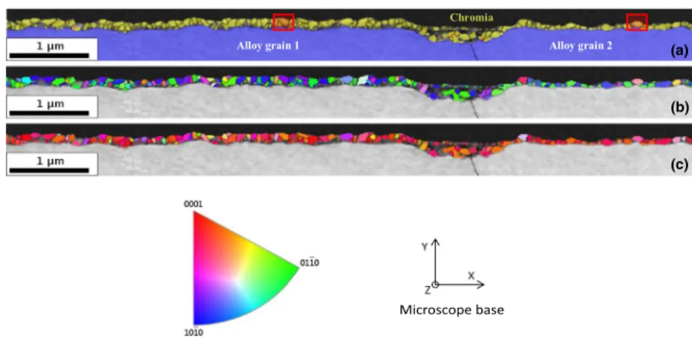 Fig. 12    TKD analysis of the cross section of the 50 h Ni–30Cr sample oxidized in impure Ar atmosphere  (pO 2  = 10 −5  atm) at 700 °C, standard triangle for the corundum structure and microscope base for the 