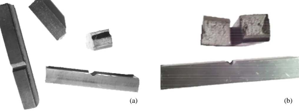 Fig. 1.12: Vue des éprouvettes de Charpy avant et après l’essai  a) éprouvette en acier AISI 1008, b) éprouvette Al 6061 
