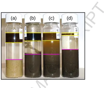 Figure  2. Qualitative  bottle  tests:  (a) silica  sand  - water- LNAPL  system;  (b) Site  soil  - water-  