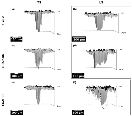 Fig.  11.  3D profiles obtained by confocal microscopy for pits grown after polarisation during lOmin in 0.5 M NaCl at a current density of 7  mA  cm- 2  for the as­ received (a, b), ECAP-RR (c, d) and ECAP-RH (e,  0  samples