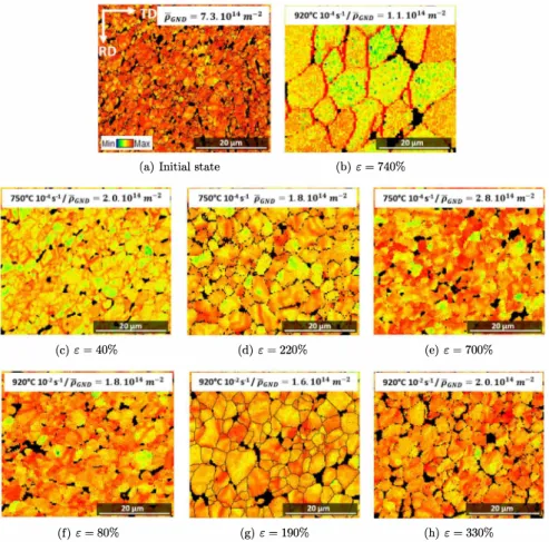 Fig.  13.  Dislocations  density  distribution:  at the as-received  state  (a),  at  the  last  interrupted  point at 920  ° c  10-4 s-1  (b),  at  different  deformation  levels  at 750 ° C  10 --i  s-1  (c-e)  and 
