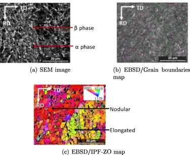 Fig.  2.  As-received  microstructure  analysed  by  SEM-BSE  on  the  RDTD  plane  with  a  phase  in  black  and  P  phase  in  white  (a),  EBSD  map  (index  quality  on  a  representation  of  HAGB  (misorientation  &gt;15 °  in purple)  and  LAGB  (2