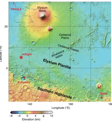 Fig. 1 | Context Map. InSight (shown as a star) landed on an ancient volcanic plain south of Elysium Mons and north of the Martian hemispheric 