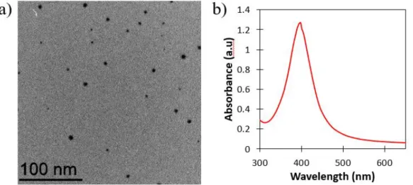 Figure 4: a) TEM image of an example of silver nanoobjects synthesized using solely NaBH 4 as reducing agent and