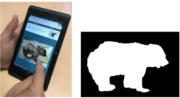 Figure 2.1: A user outlining an object on a touch device, and the resulting segmentation mask obtained with our method.