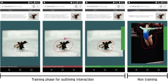 Figure 2.5: Several screenshots of the outlining interface during training (left), and study (right) phases.