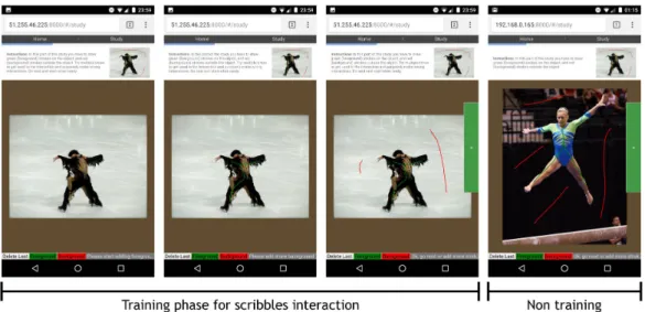 Figure 2.6: Several screenshots of the scribbling interface during training (left), and study (right) phases.