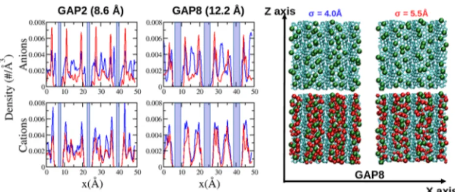 Figure 5. Left: ionic densities along the x axis for the GAP2 and GAP8 carbons. Right: snapshots showing the ions conﬁned in the GAP8 carbon.