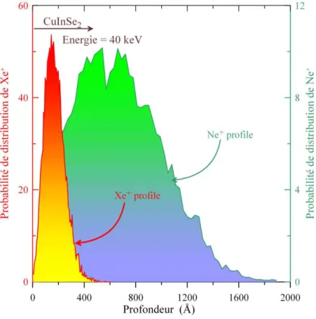 Figure  (5.3). Profils de distribution  des  implants du Ne +  et du Xe +   dans un substrat  massif de CuInSe 2 