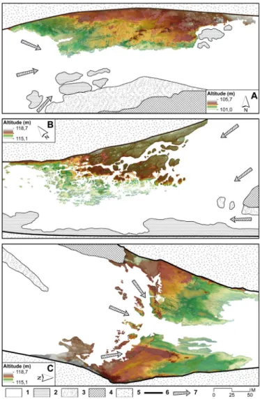 Fig. 5 – Croquis des principales unités géomorphologiques et MNT des  seuils à Portet-sur-Garonne (A), Beauzelle (B) et Grenade (C).