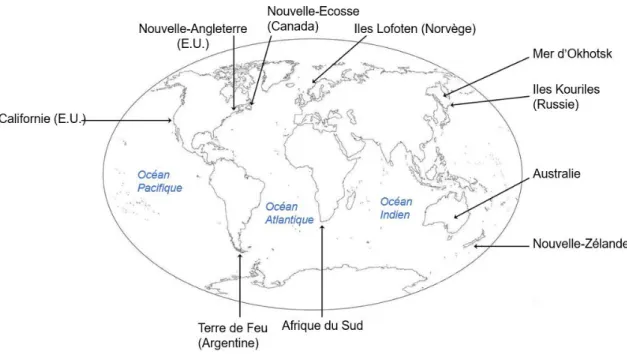 Figure 2 : Distribution des populations sauvages de Tursiops truncatus à travers le monde  