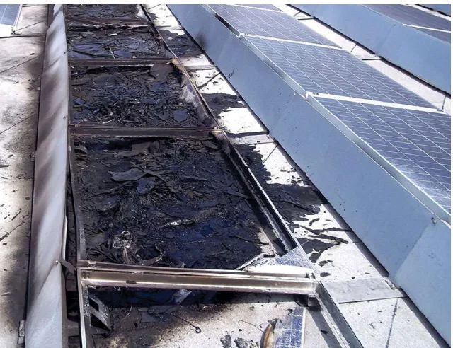 Figure 1.1: Fire hazards in a 1,208kW PV array, in Mount Holly, North Carolina, in 2011  [1.9]