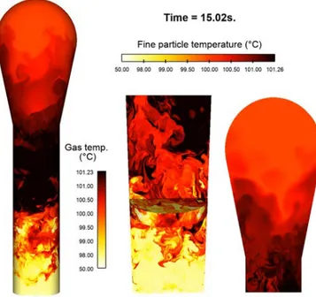 Fig. 20. Gas and ﬁne particle temperatures after 15 s. Note the color-scale that is only linear between 98.00 °C and 101.23 °C.