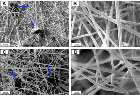 Figure 2: SEM micrographs of PAN nanofibers at different magnifications A &amp; B: before 