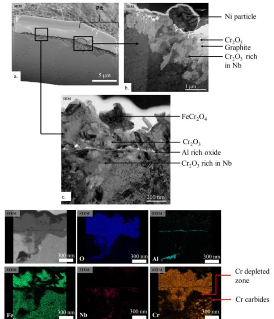 Fig. 16 a shows the FIB cross-section taken at the border of a pit on the LBM system exposed 5 500 h to the corrosive atmosphere