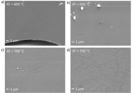Fig. 5. Top surface SEM-FEG micrographs of 300 nm thick CuFeO 2 :Mg thin ﬁlms annealed at a) 600, b) 650, c) 700 and d) 750  C.