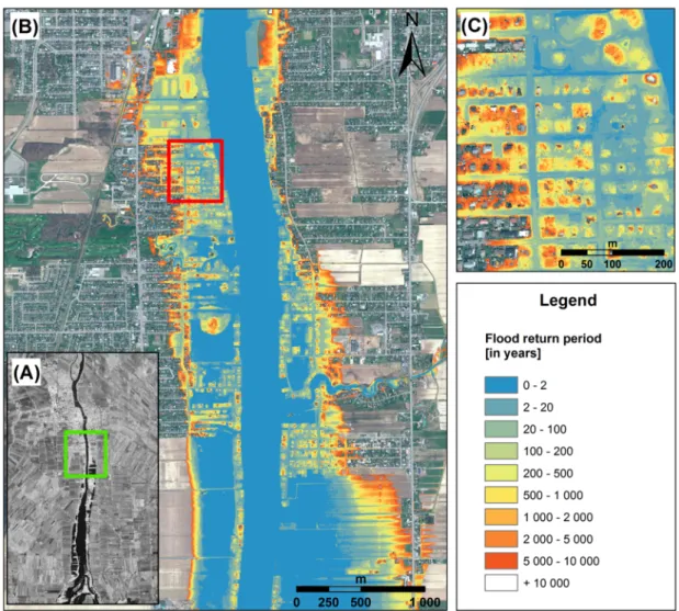 Fig. 6: (A) Location (green rectangle) on the RADARSAT-2 Fine Mode flood image acquired on 569 