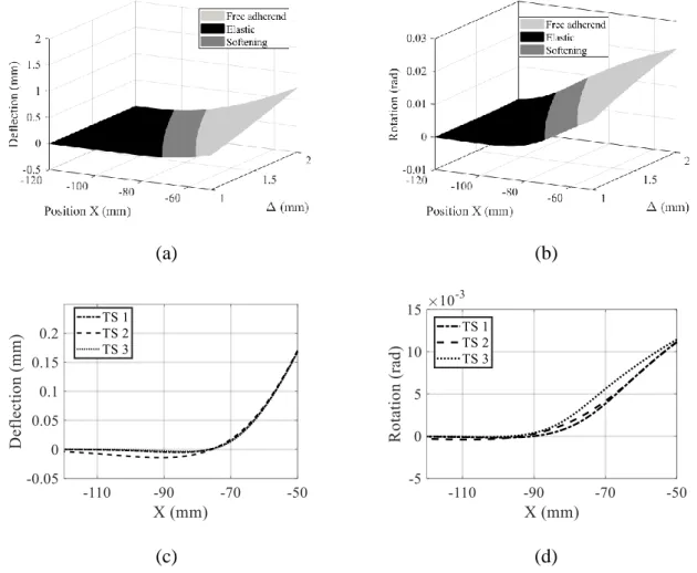 Figure 6: Digital image correlation results along the overlap during a DCB test: (a) Division 