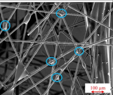 Fig.  1. SEM observation of entangled cross-linked carbon ﬁbres with a volume frac-  tion, f , of 8.5%; The Blue circles indicate some of epoxy cross-links