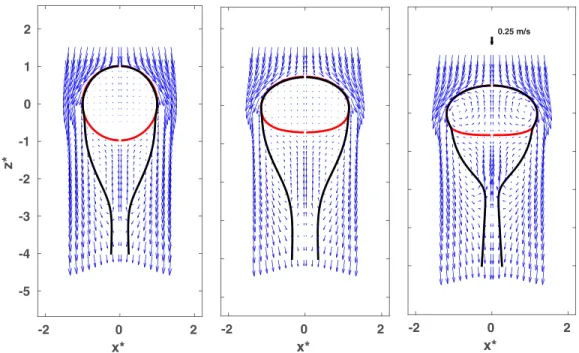 FIG.  9.  From left to right, velocity field of cases S 1 ,  D 1 , and  D 2  right  before the column detachment