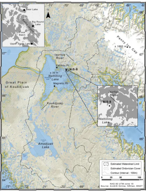 Figure 1. Location map with Nettilling Lake, Penny Ice Cap and surrounding region. Ni5-8 = lake coring site  in 2010