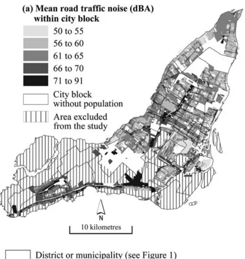 Table 2. Univariate statistics for the road traffic noise in city block weighted by the total population and  the groups studied 