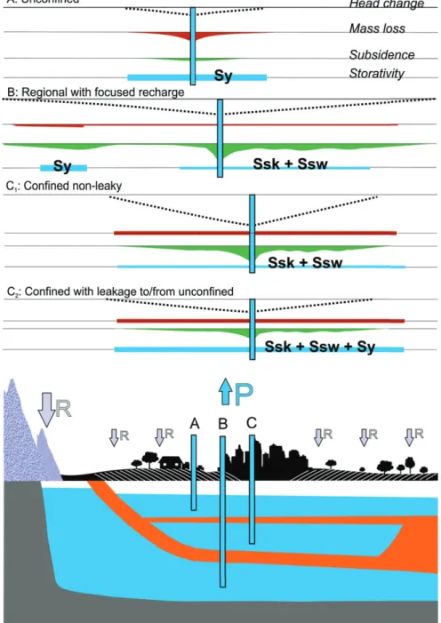 Figure 2. Conceptual models of land subsidence and mass losses occurrence in different idealized depleting aquifers
