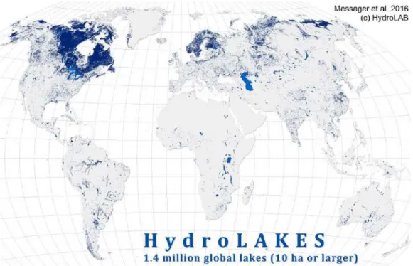 Figure 1.17 – Carte mondiale représentant les lacs et réservoirs dont la superficie dépasse 10 ha et issue de la base Hydrolakes