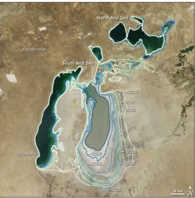 Figure 1.24 – Suivi des berges de la mer d’Aral par imagerie satellite sur la période 2000-2008