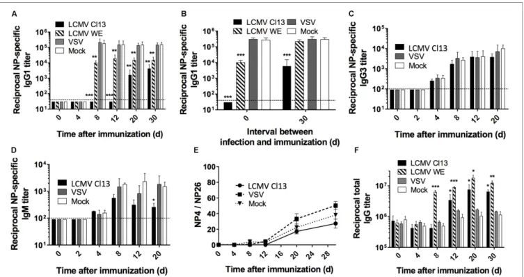 FigUre 1 | lcMV infection impairs the nP-specific ab response in a T cell-dependent manner