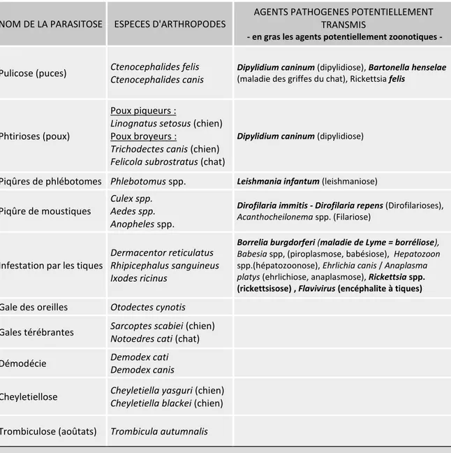 Tableau 1 : Principaux ectoparasites du chien et du chat et maladies vectorielles potentiellement  transmises par ces arthropodes en Europe