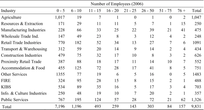 Table 3: Distribution of the Total Number of Firms According to Size (Total Employment)  and Main Economic Activity, 2006 