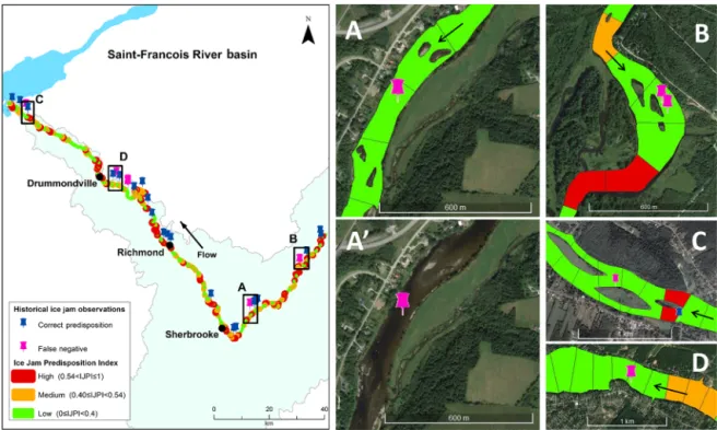 Figure 8. Examples of false-negative errors on the Saint-François River for site A, B, C, and D.