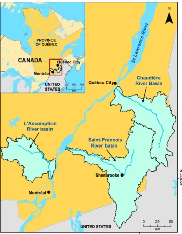 Figure 1. Location of the Chaudière River, Saint-François River, and L’Assomption River (province of Québec, Canada).