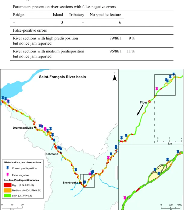 Figure 7. Map of the model results on the Saint-François River, over 250 m sections. Thumbnails are the locations of reported ice jams