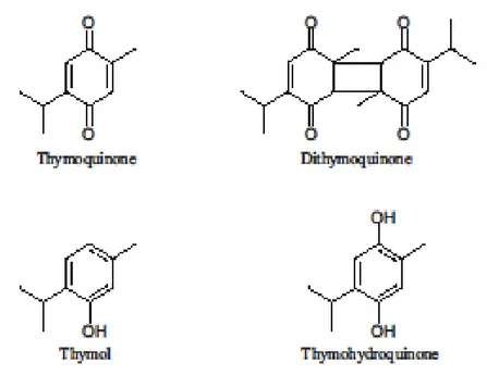 Figure 25 : Structures chimiques des principaux constituants des huiles volatiles des graines de Nigella sativa