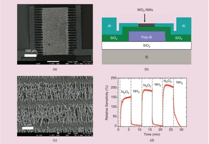 FIGURE 3  The SEM micrographs of the WO3 nanowires trapped between electrodes: (a) large view, (b) a scheme of the device with an integrated  isolated polysilicon heater, (c) magnification, and (d) the relative electrical response of the sensor under sever