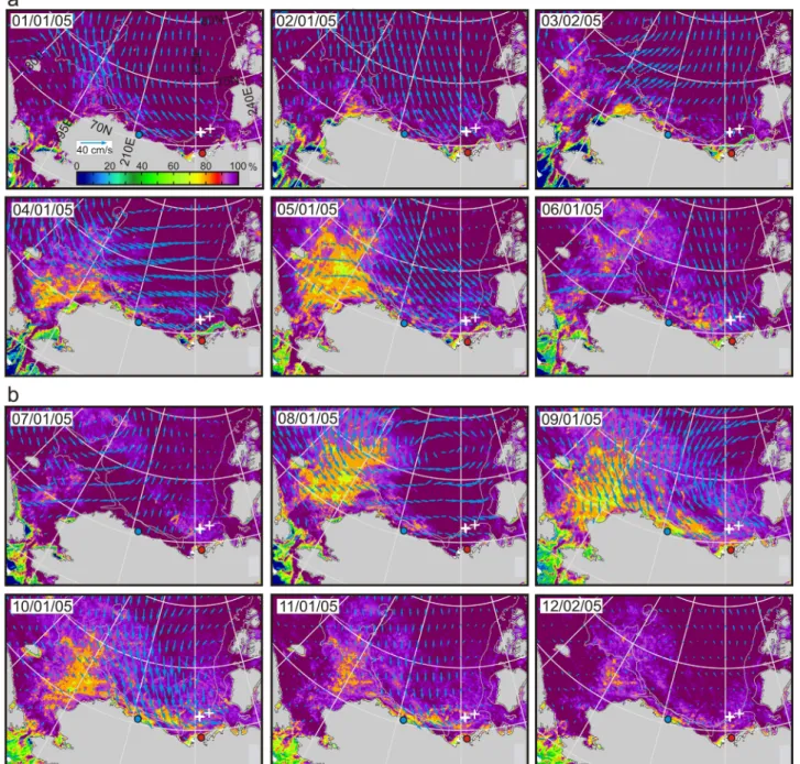 Figure 8. Sea ice concentration (%, in color) with imposed sea ice drift vectors derived from the AMSR-E satellite imagery: (a) 1–6 January 2005 and (b) 7–12 January 2005