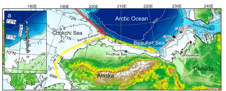 Figure 1. Map of the Chukchi and Beaufort seas with location of the ArcticNet moorings depicted with black numbered crosses