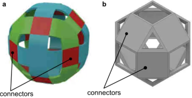 Figure 2. Catom’s CAD structure. (a) Quasi-spherical catom shape. (b) Catom maximizing the surface of connectors.