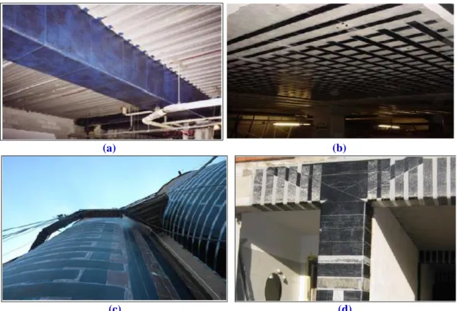 Figure I. 8: Applications de la technique EBR, a) renforcement des poutres, b)  renforcement de la dalle, c) renforcement des silos, d) renforcement de la connexion 